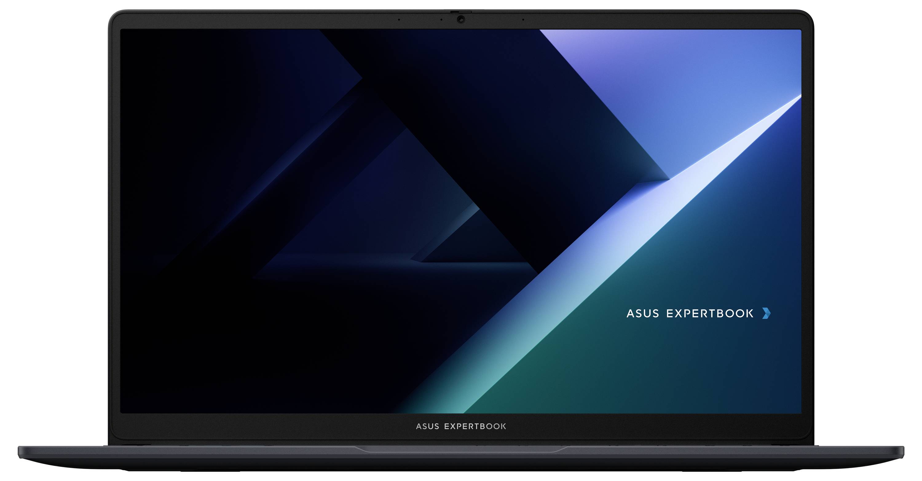 Frontansicht eines ASUS ExpertBook Laptops mit einem dunklen geometrischen blauen Hintergrundbild und „ASUS EXPERTBOOK" Text auf dem Bildschirm und der Blende.