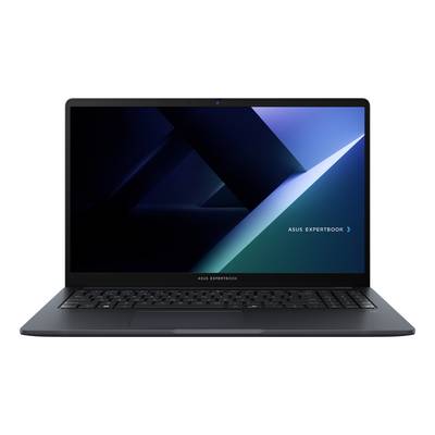 Frontansicht eines ASUS ExpertBook-Laptops mit einem dunkelblauem abstraktem Hintergrund und dem Text "ASUS EXPERTBOOK" auf dem Bildschirm.