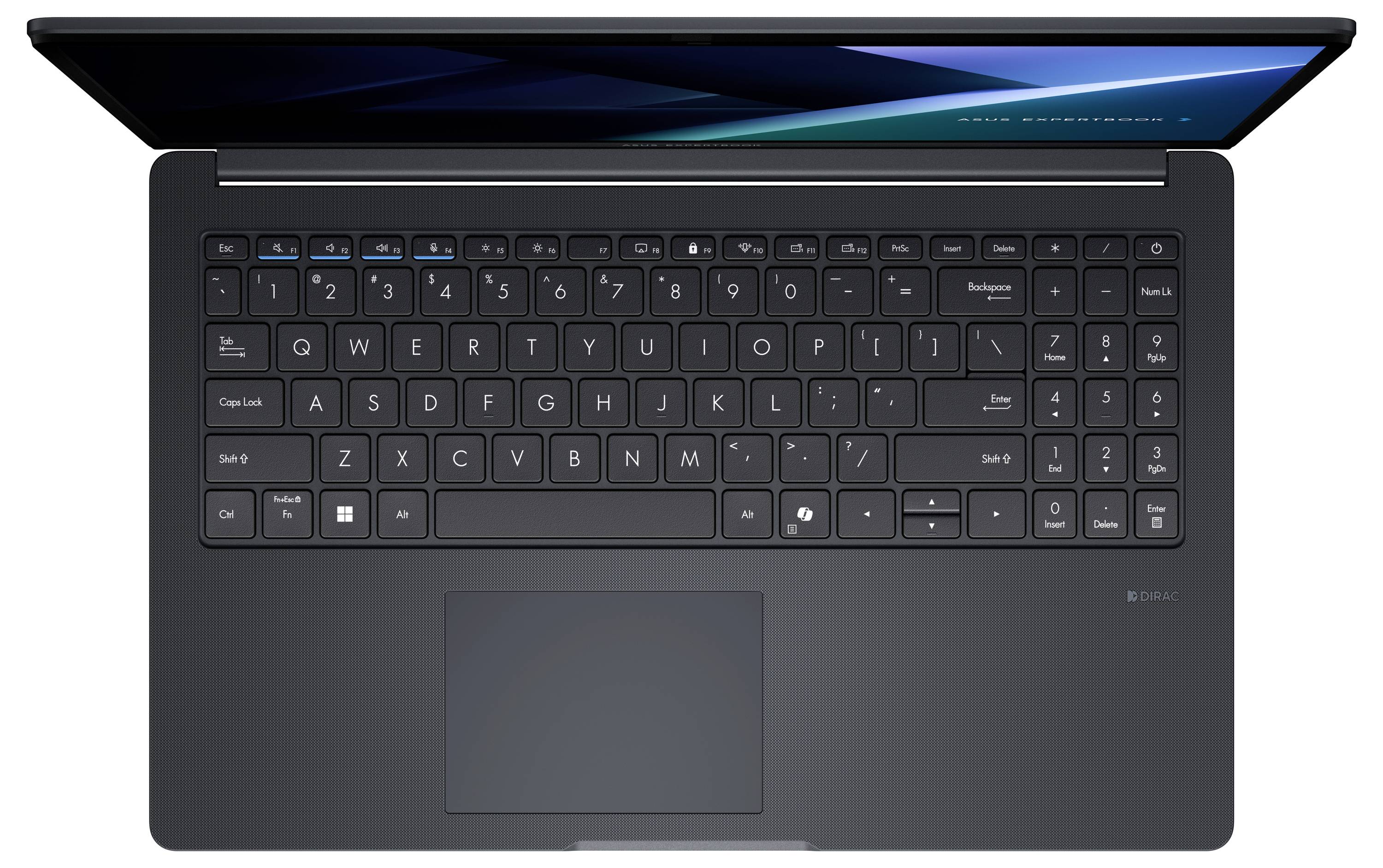 Draufsicht auf einen offenen schwarzen Laptop mit einer vollständigen Tastatur und einem zentrierten Trackpad auf einem schlichten weißen Hintergrund.