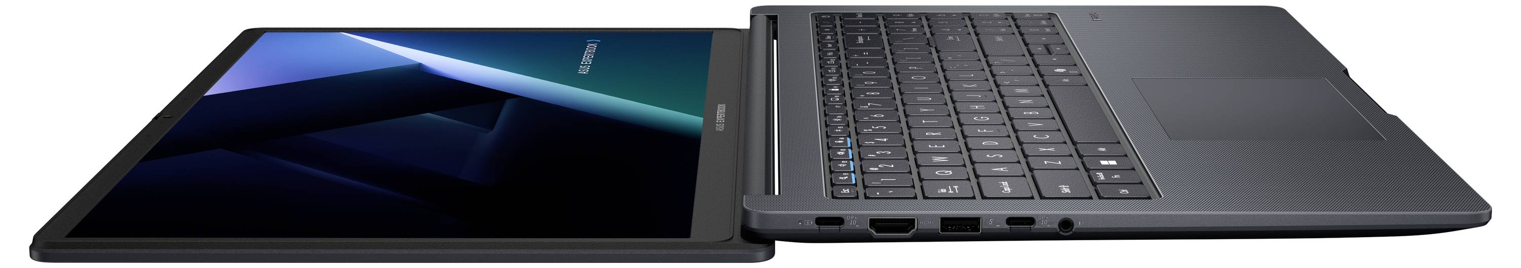 Offener Laptop in Seitenansicht, mit eingeschaltetem Bildschirm, der ein dunkelblauabstraktes Hintergrundbild anzeigt, und sichtbarer Tastatur.