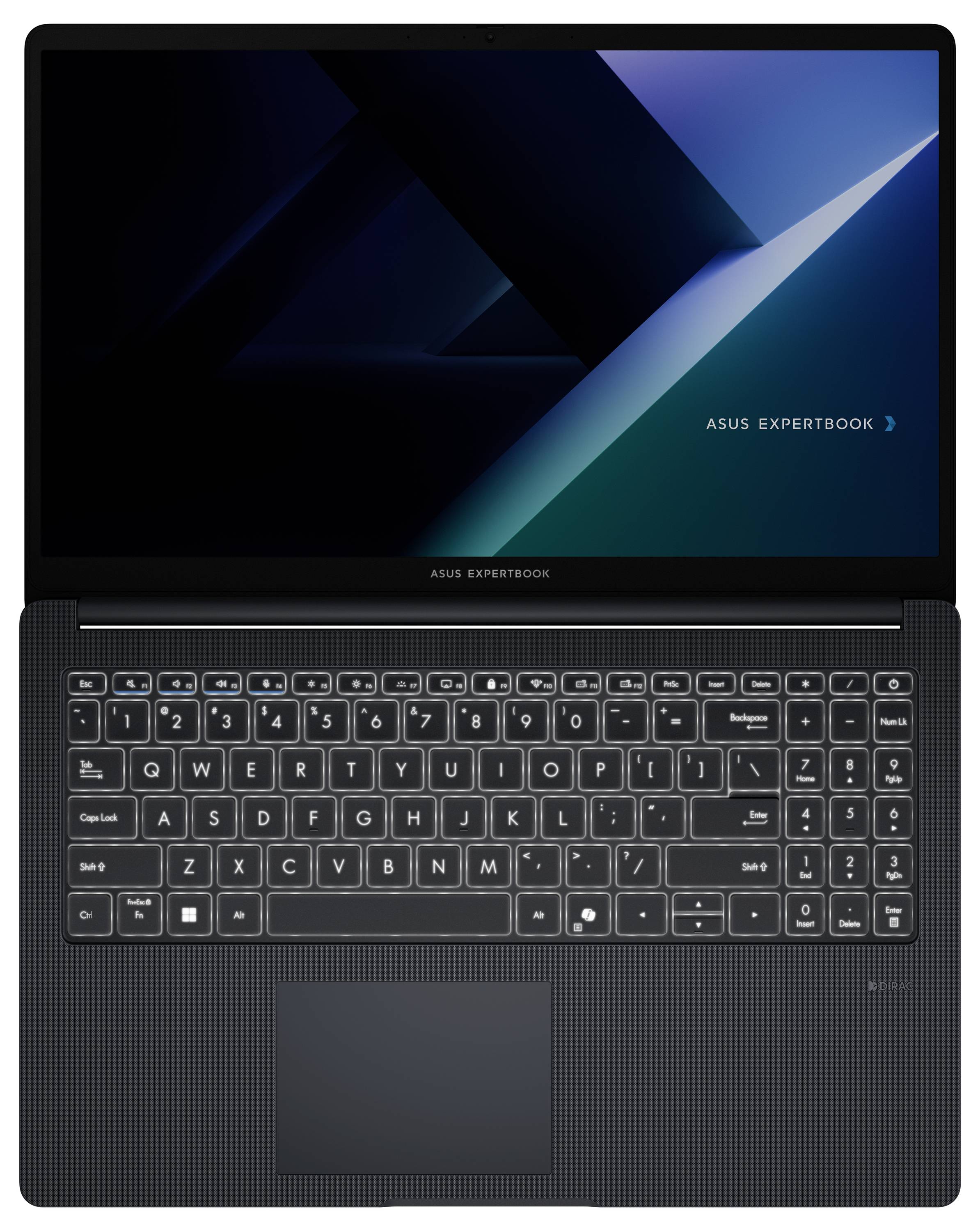 ASUS ExpertBook Laptop mit geöffnetem Display, Tastatur und großem Touchpad vor dunklem Hintergrund.
