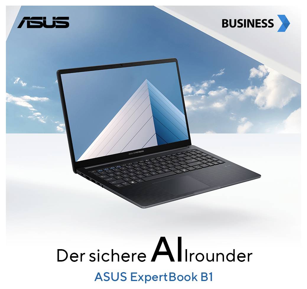 ASUS ExpertBook B1 Business-Laptop in einer Werbeanzeige mit dem Slogan „Der sichere AIrounder" und ASUS Business Branding.