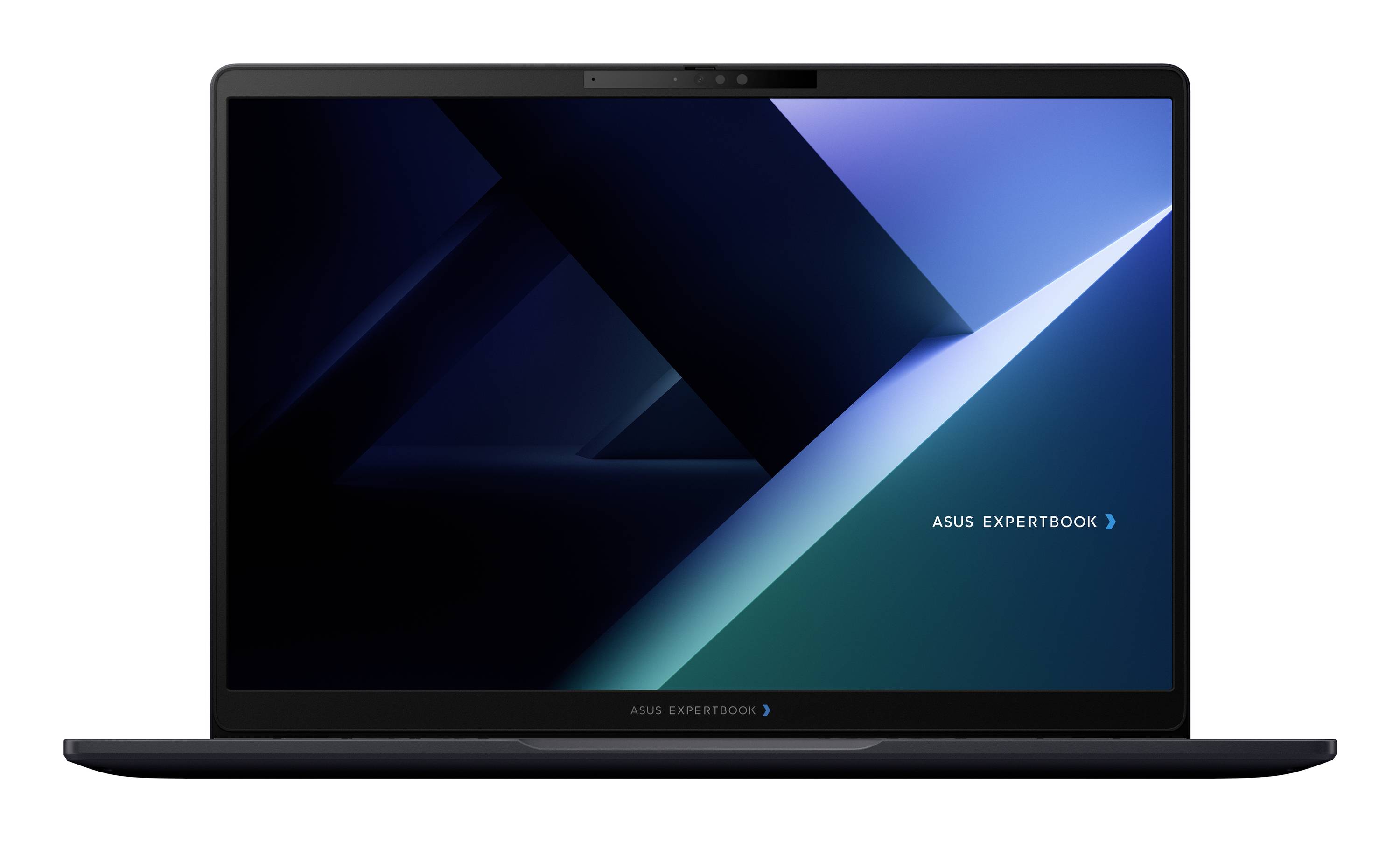 Vorderansicht eines ASUS ExpertBook-Laptops mit einem dunkelblauem geometrischem Bildschirm, auf dem das Logo "ASUS EXPERTBOOK" angezeigt wird.