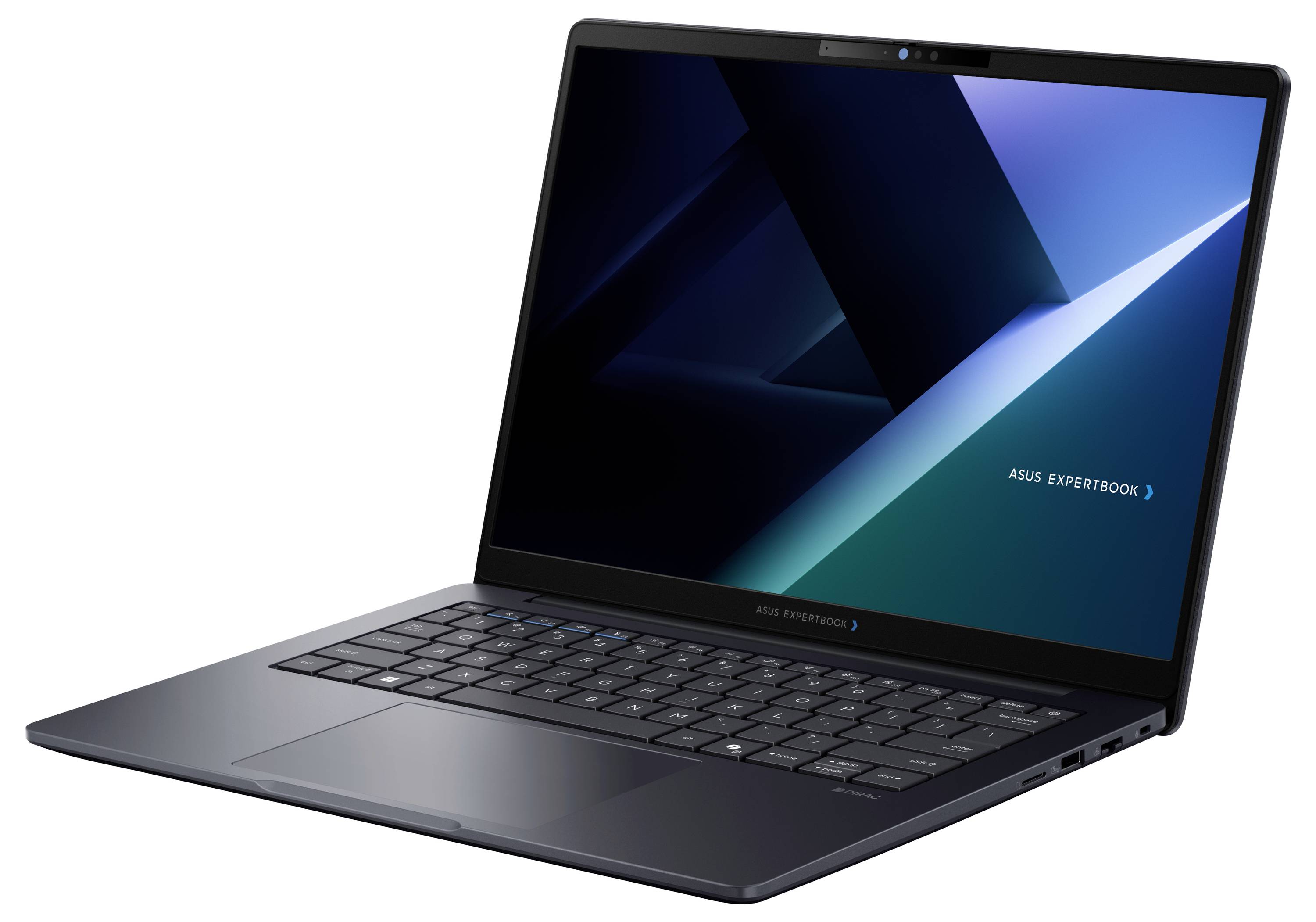 Ein schwarzes ASUS ExpertBook Laptop, in einem Winkel geöffnet, wobei die Tastatur und der blaue geometrische Bildschirm auf weißem Hintergrund zu sehen sind.