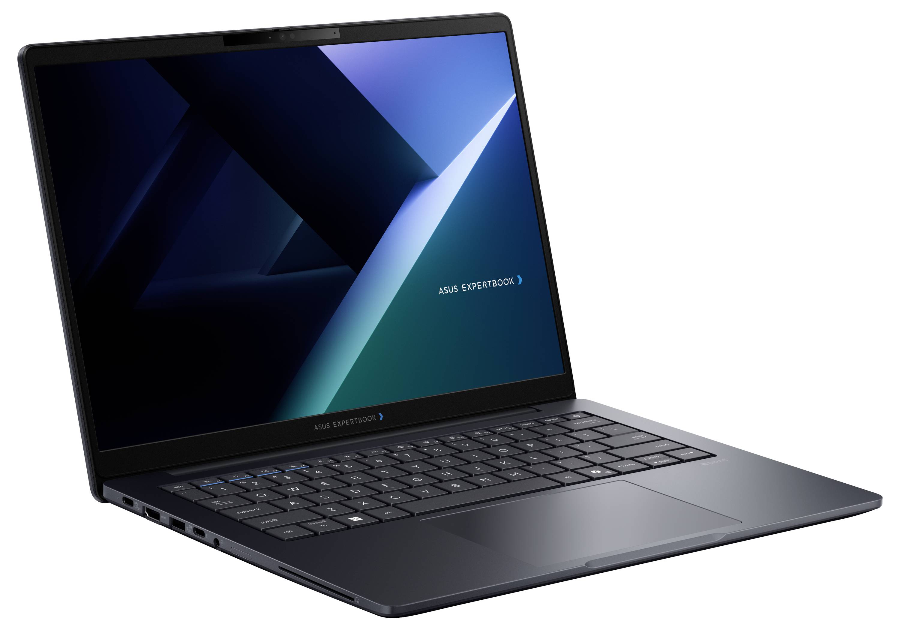 Offener Laptop-Computer mit dunkelblauem abstraktem Hintergrundbild auf dem Bildschirm, unter einem Winkel auf weißem Hintergrund gezeigt.