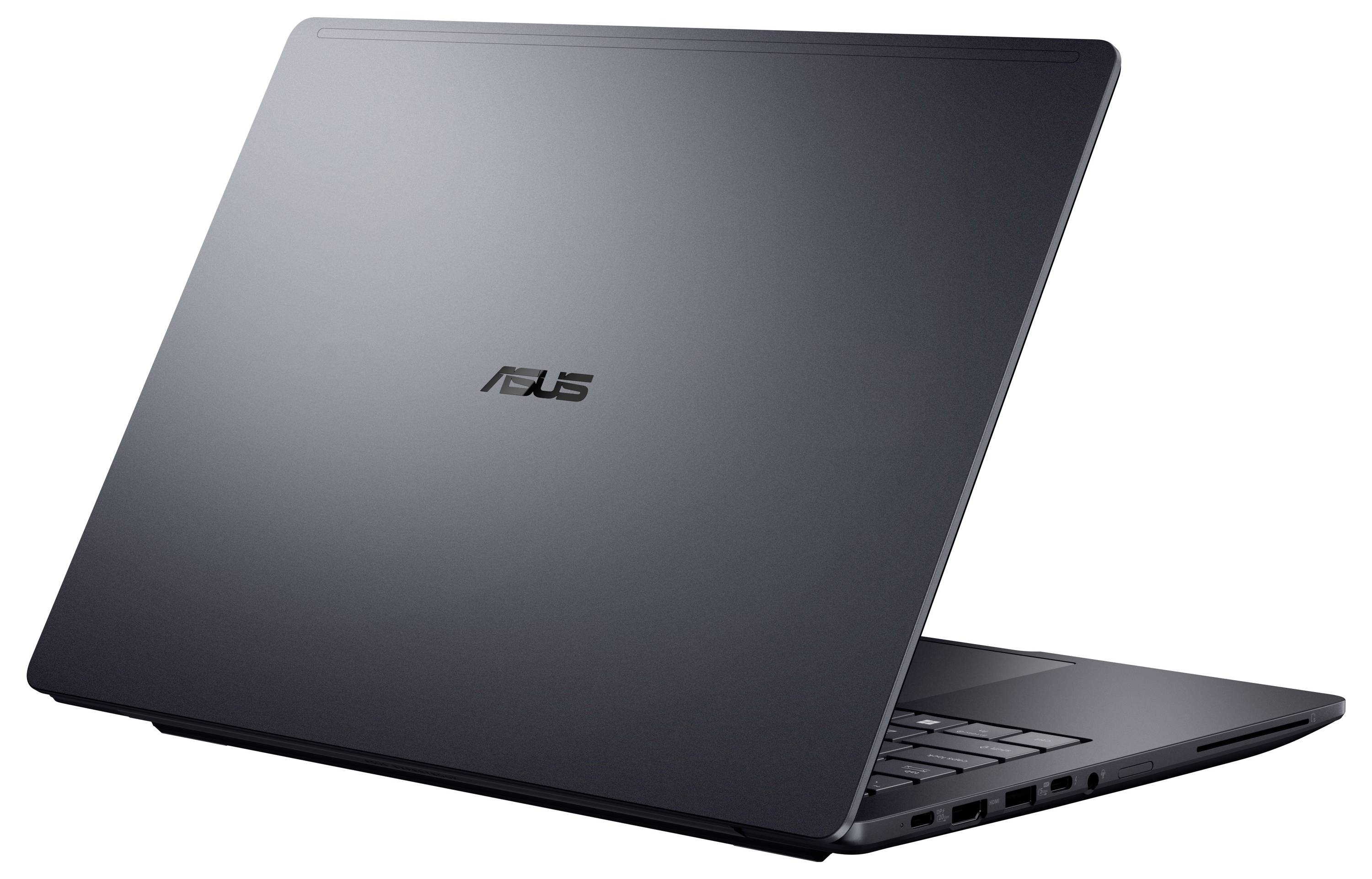 Geschlossenes ASUS-Laptop in Seitenansicht auf weißem Hintergrund.