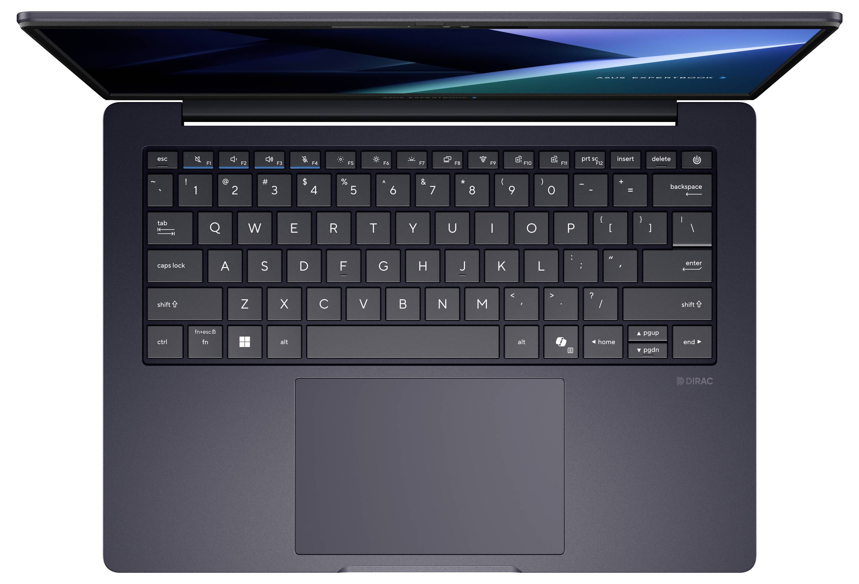 Draufsicht auf einen geschlossenen Laptop mit leicht geöffnetem Bildschirm, der eine dunkle Tastatur und ein großes Touchpad zeigt.