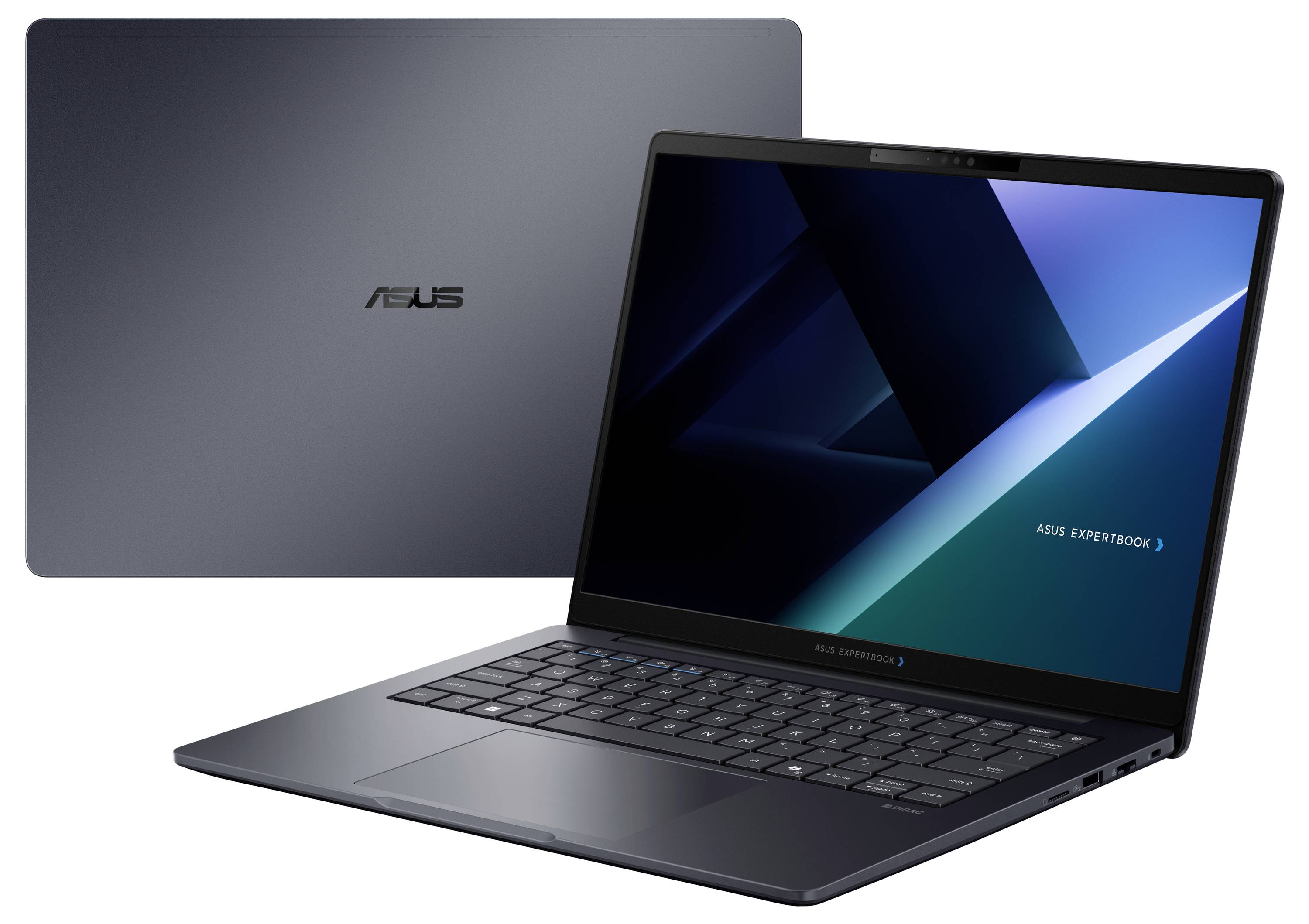ASUS ExpertBook Laptop, geöffnet mit aktiviertem Bildschirm und geschlossener Abdeckung dahinter, zeigt das ASUS-Logo und eine blaue geometrische Tapete.