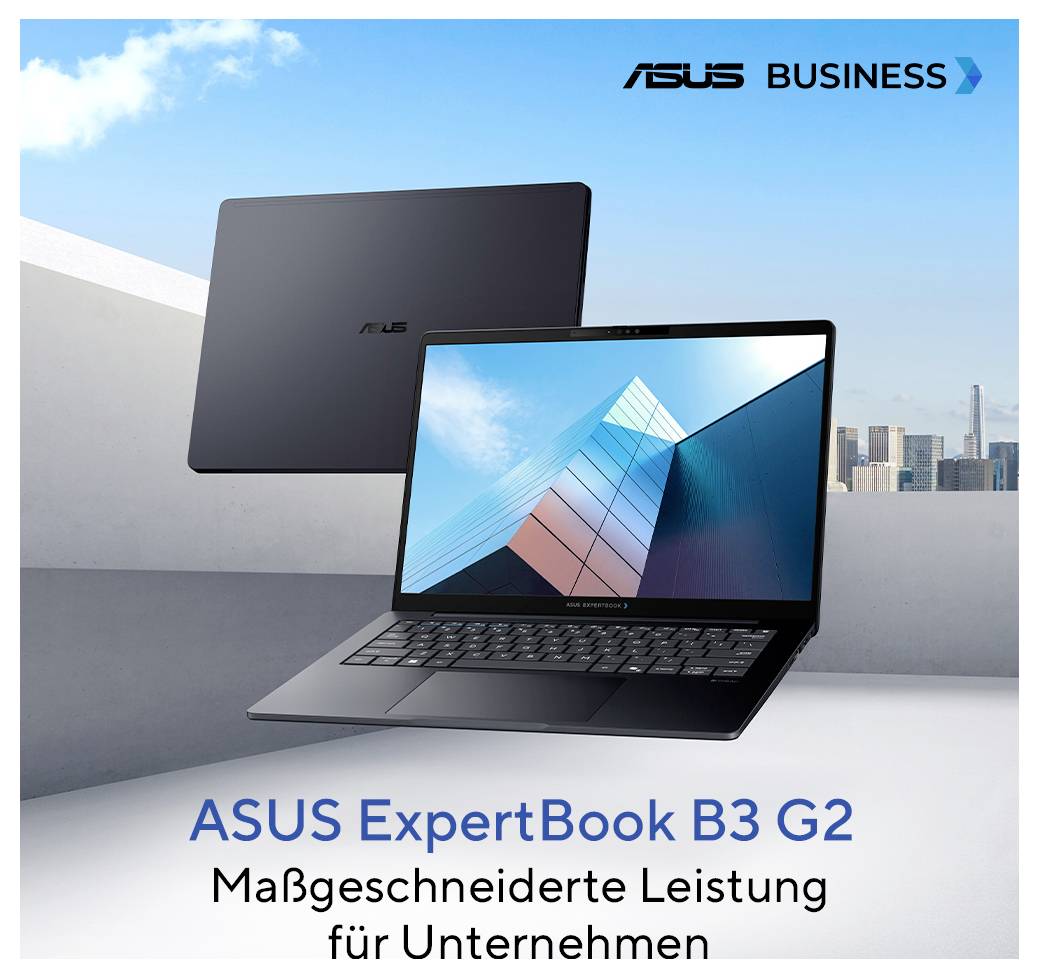 ASUS ExpertBook B3 G2 Laptop und geschlossener Deckel mit dem Text „Maßgeschneiderte Leistung für Unternehmen" und ASUS Business Branding.