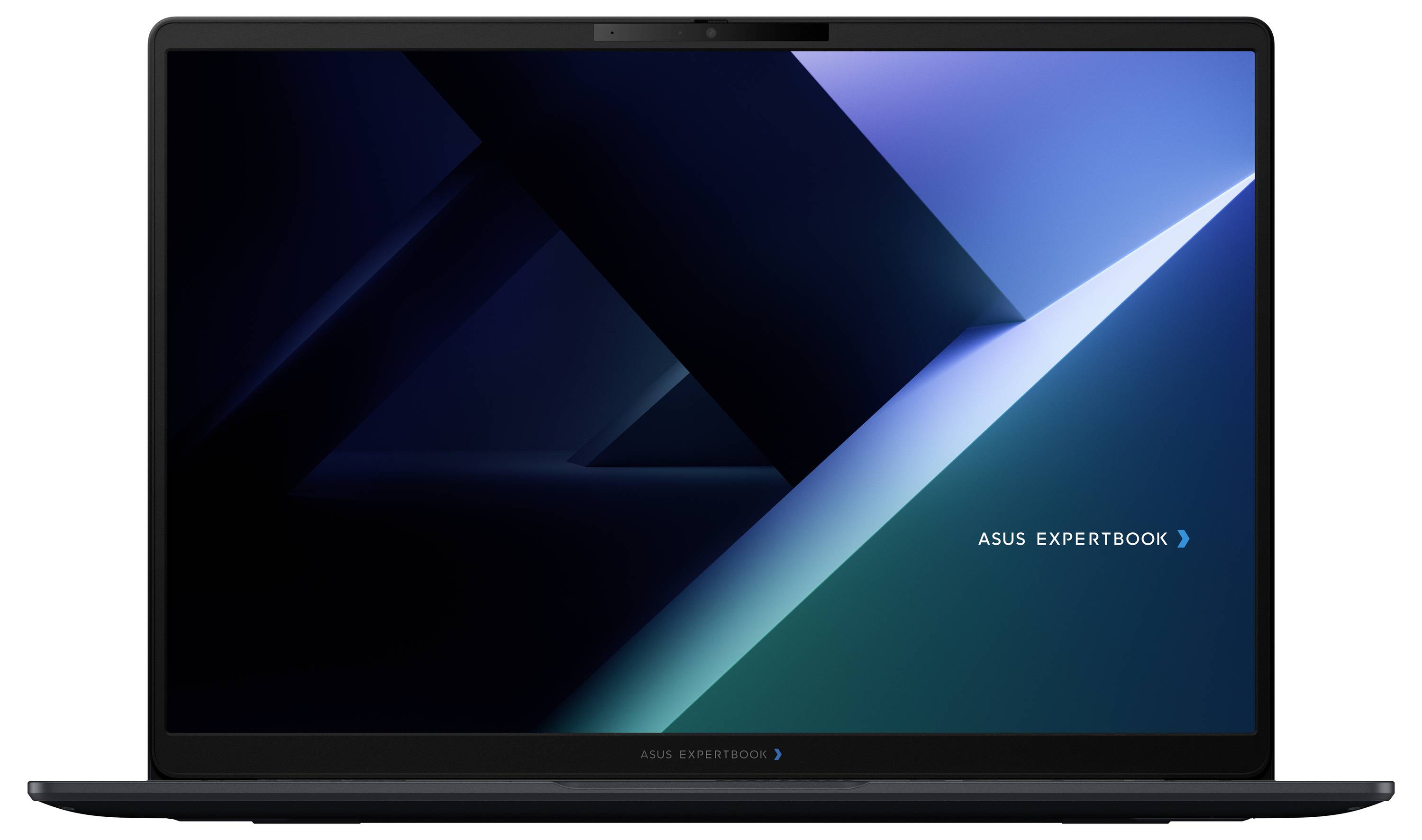 Ein Laptop mit einem dunkelblauem abstraktem ASUS ExpertBook-Hintergrundbild mit dem Logo „ASUS EXPERTBOOK" auf der rechten Seite.