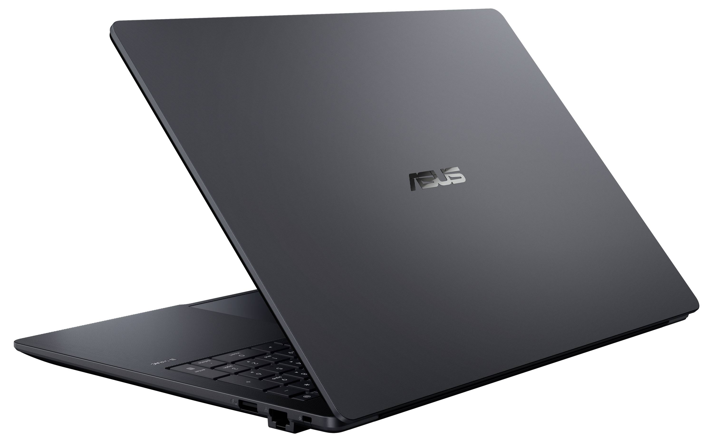 Ein offenes schwarzes ASUS-Laptop, von hinten gezeigt, mit dem Deckel, der die Tastatur teilweise bedeckt.
