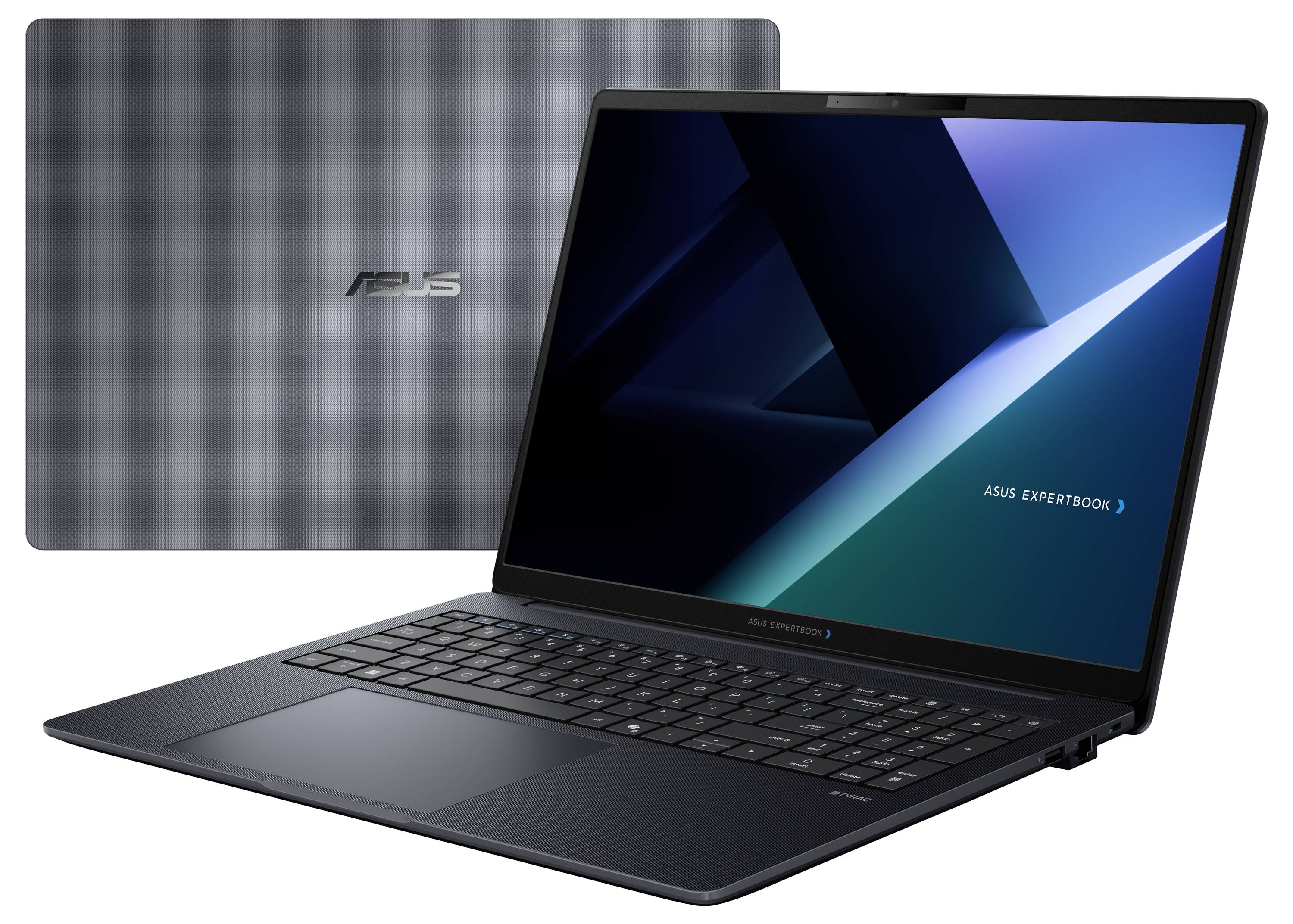 ASUS ExpertBook-Laptop, der offen mit eingeschaltetem Bildschirm angezeigt wird, daneben ein geschlossener silberner ASUS-Deckel im Hintergrund.