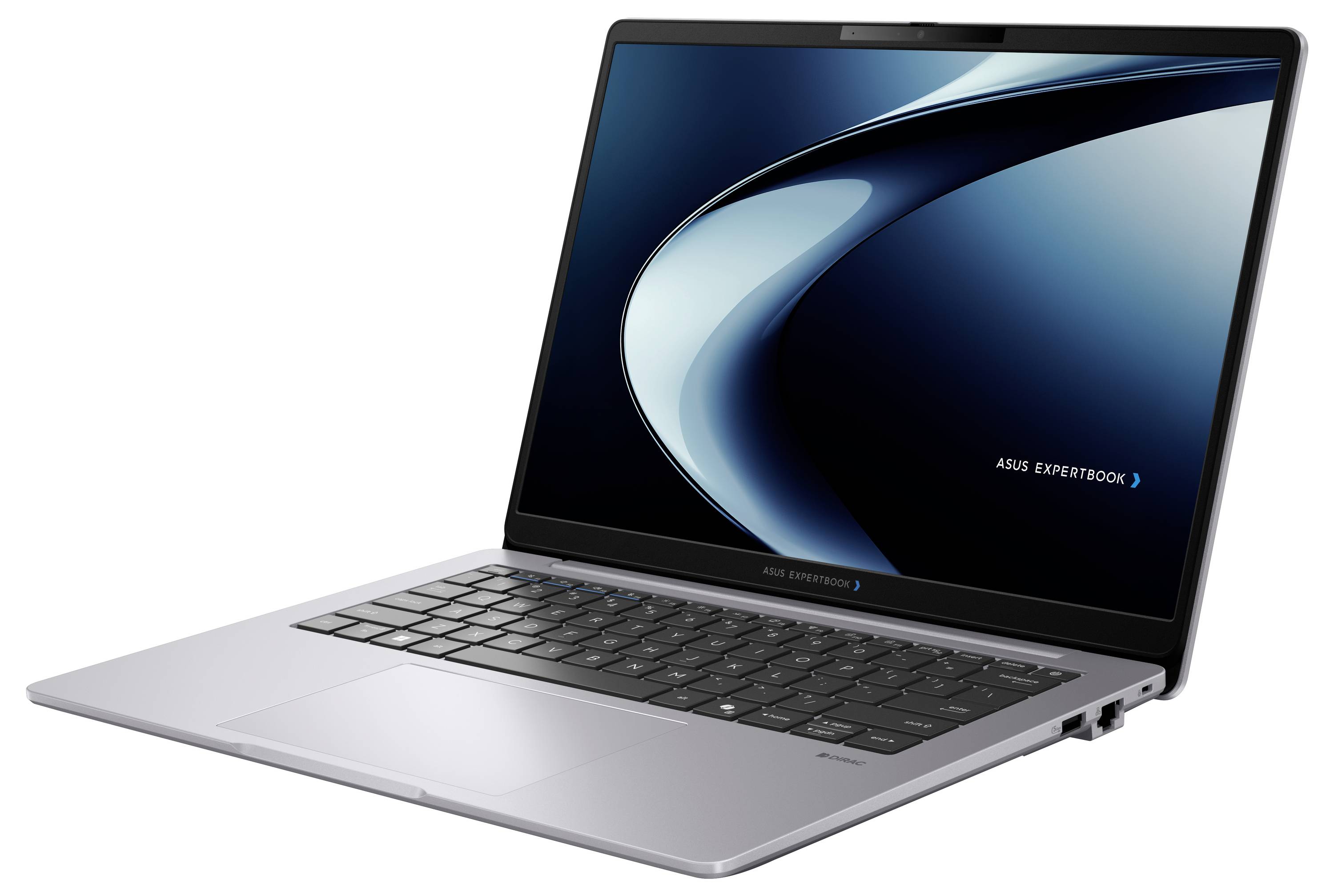 ASUS ExpertBook Laptop in offener Position, im Winkel auf weißem Hintergrund dargestellt.