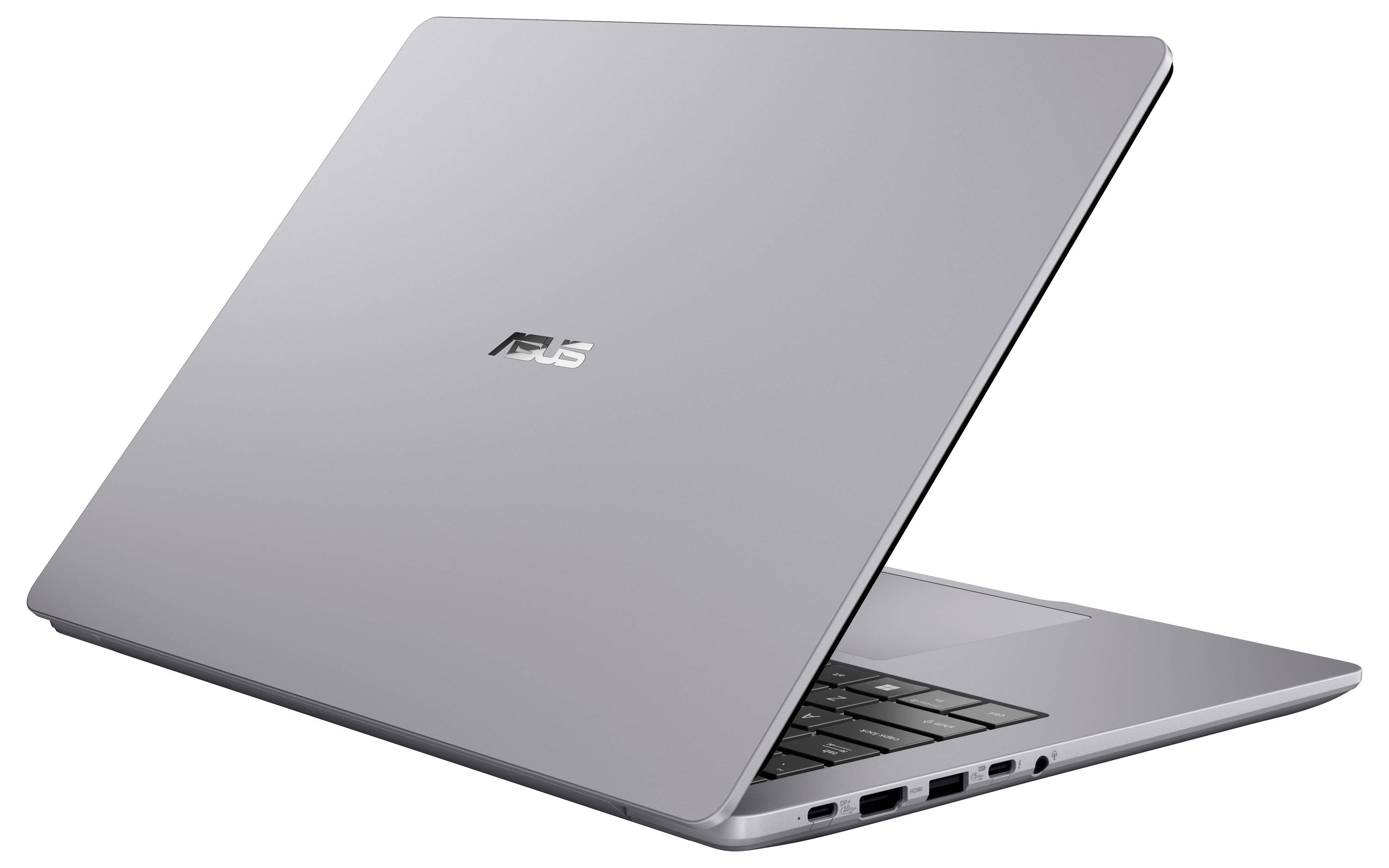 Tragbarer ASUS-Laptop aus Silber in geschlossenem Zustand, in einem Winkel angezeigt, teilweise offen mit sichtbarer Tastatur und seitlichen Anschlüssen.