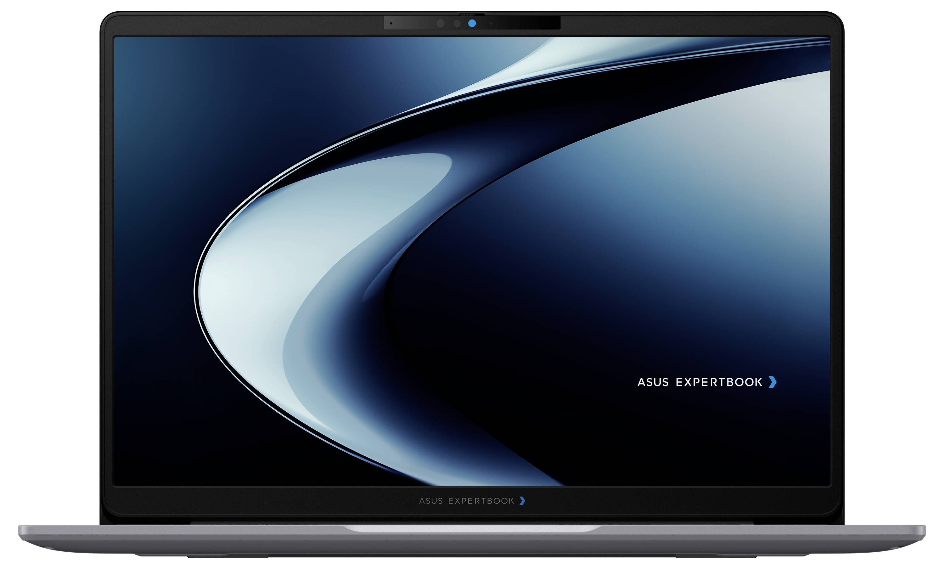 Vorderansicht eines offenen ASUS ExpertBook-Laptops mit einem blauen abstrakten Hintergrundbild auf dem Bildschirm.