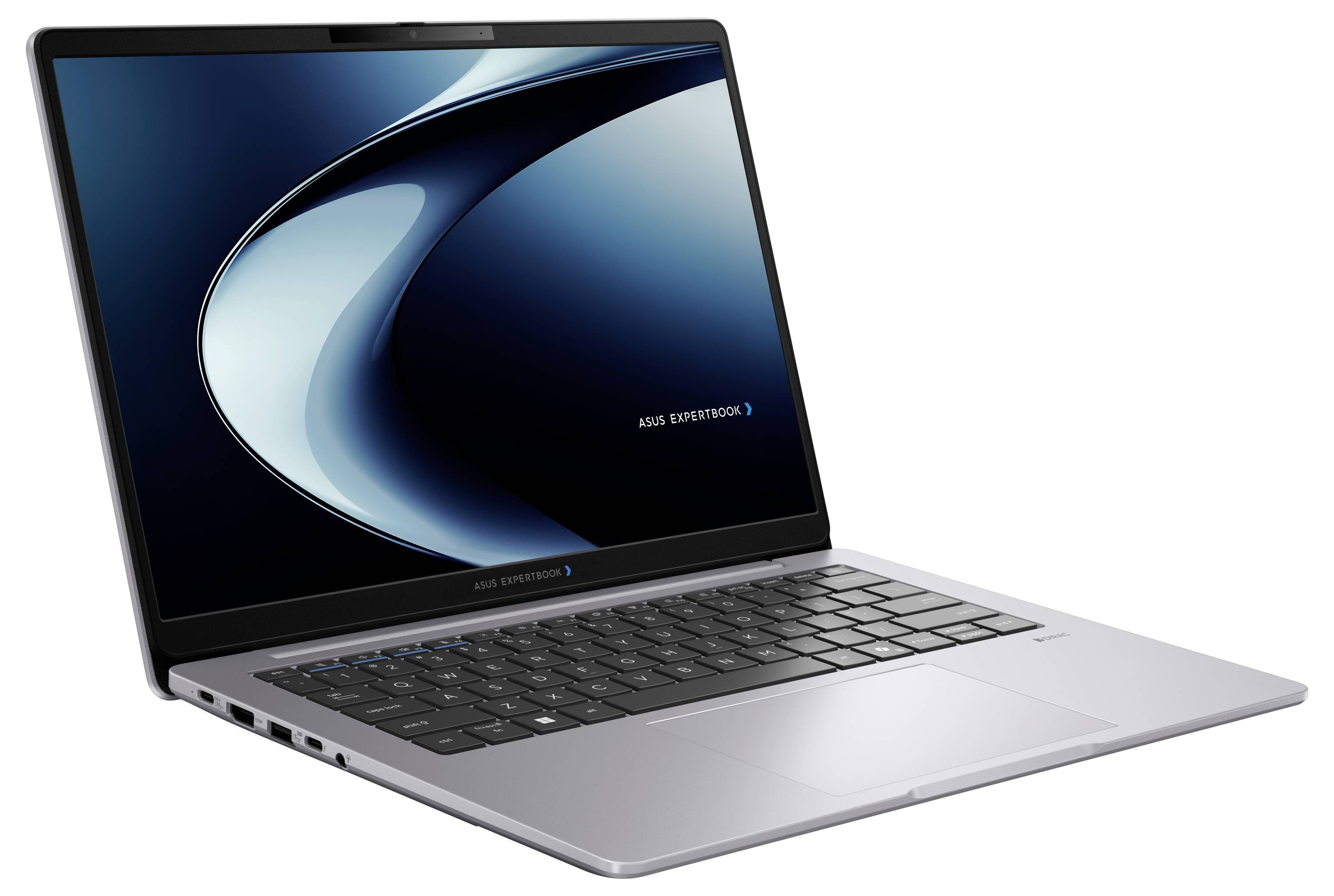 Offener silberner Laptop mit blauem abstraktem Bildschirm, angewinkelt auf weißem Hintergrund.