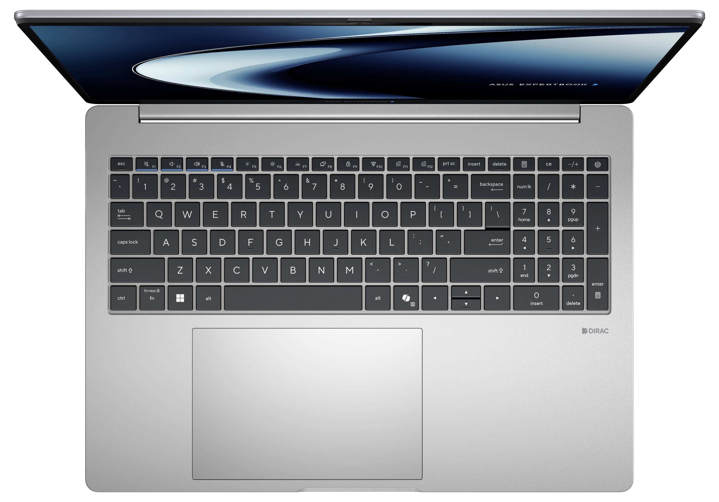 Draufsicht eines offenen silbernen Laptops mit Tastatur und großem Trackpad auf weißem Hintergrund.
