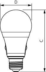 Diagramm einer Glühbirne mit Bemaßungspfeilen, die die Breite mit D und die Höhe mit C beschriftet zeigen.