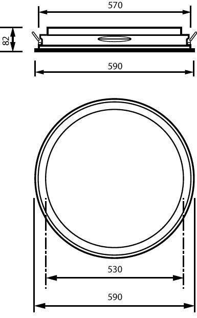 Technische Zeichnung einer runden Leuchte, dargestellt in Seiten- und Frontansicht mit Abmessungen: 590 mm Gesamtdurchmesser, 570 mm obere Breite, 530 mm innere Spannweite und 82 mm Höhe.