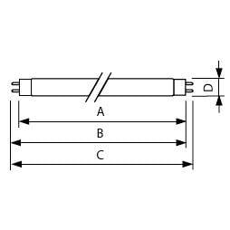 Technische Zeichnung eines zylindrischen Rohrs mit Endstiften, mit beschrifteten Abmessungen A, B, C für die Länge und D für den Durchmesser.