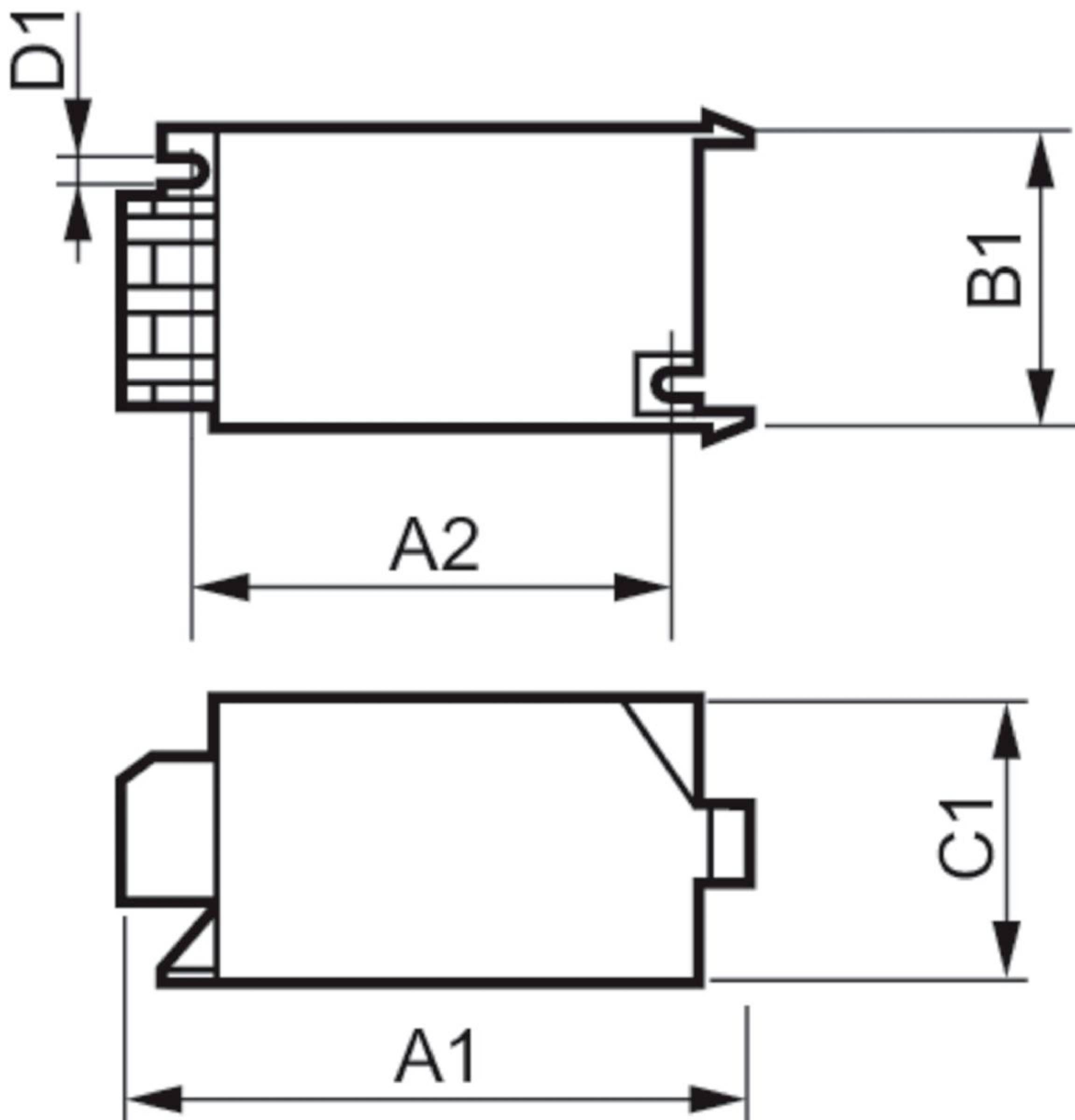 Technisches Maßstabdiagramm eines rechteckigen mechanischen Teils in zwei Ansichten, bezeichnet mit D1, A2, B1, A1 und C1 mit Pfeilen, die gemessene Längen und Höhen anzeigen.