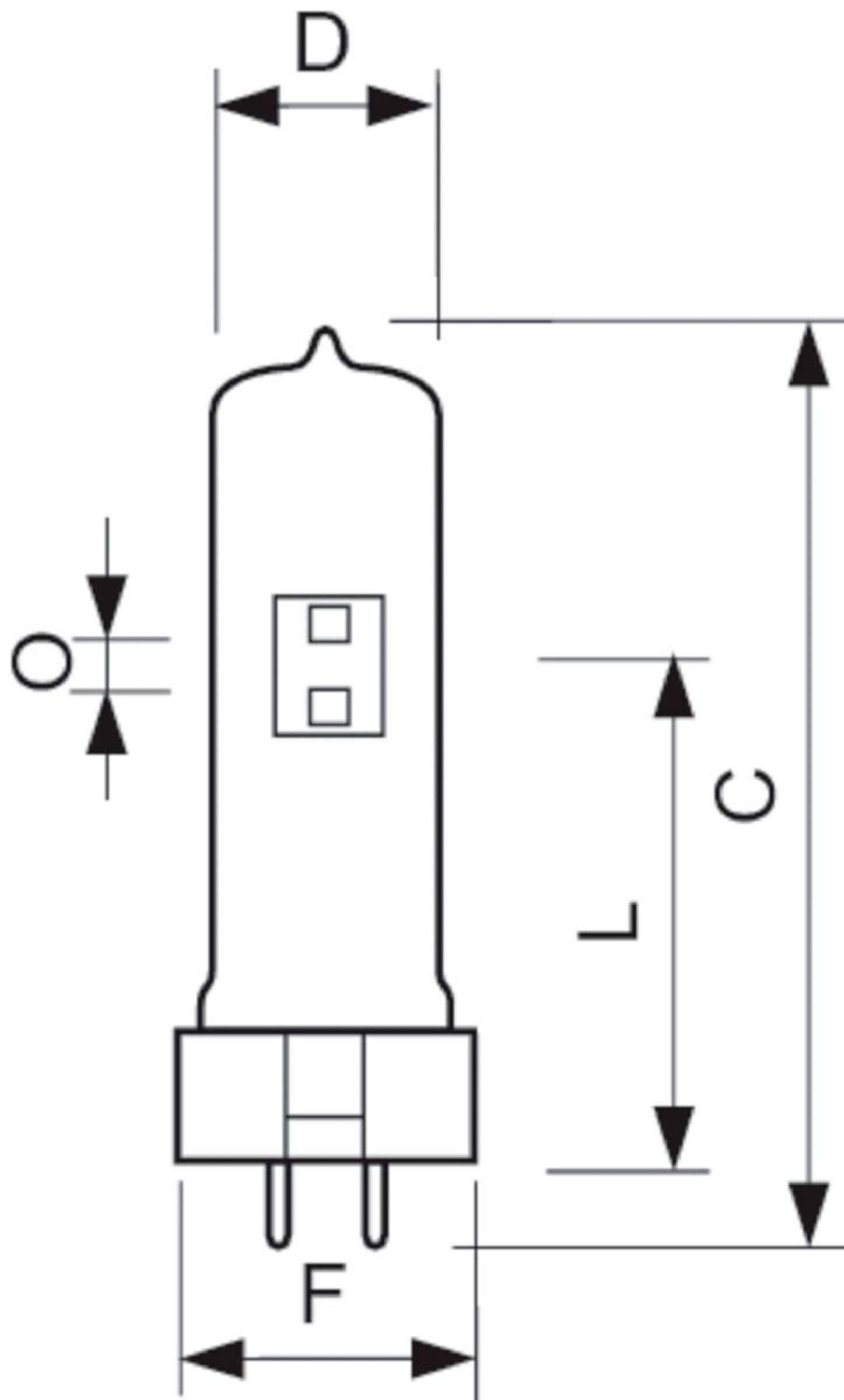 Technische Maßzeichnung einer kleinen zylindrischen Lampe oder eines Glühbirnenmodells mit Pfeilen, die die Messungen D, O, L, C und F kennzeichnen.