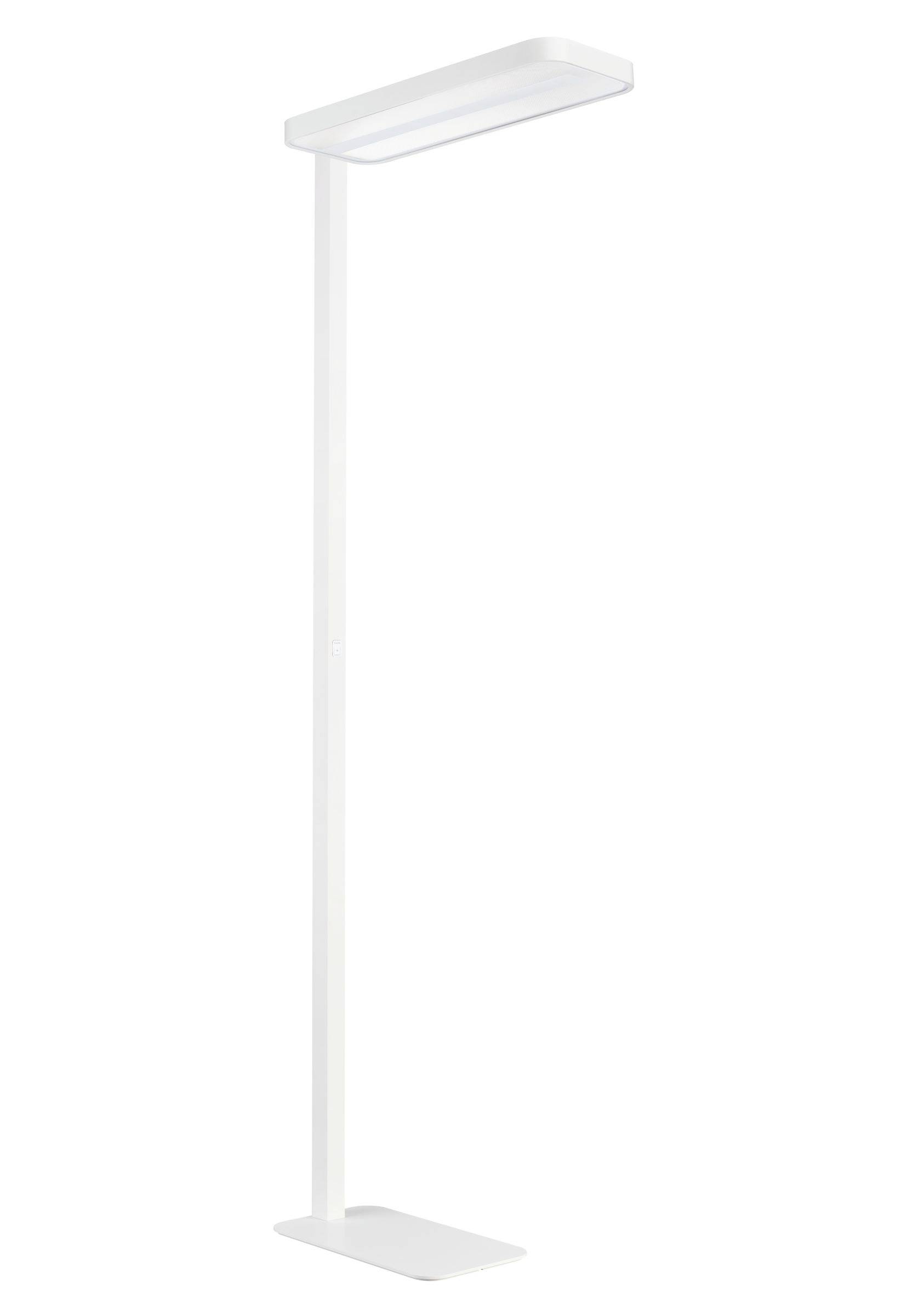 Eine minimalistische weiße Stehleuchte mit schmalem vertikalen Ständer, flacher rechteckiger Basis und länglichem Lampenkopf vor weißem Hintergrund.