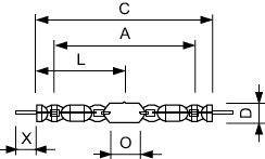 Technisches Diagramm einer Kabelanordnung mit Gesamt- und Bauteilabmessungen, die mit C, A, L, O, D und X gekennzeichnet sind, mit Pfeilen, die Längen und Durchmesser angeben.