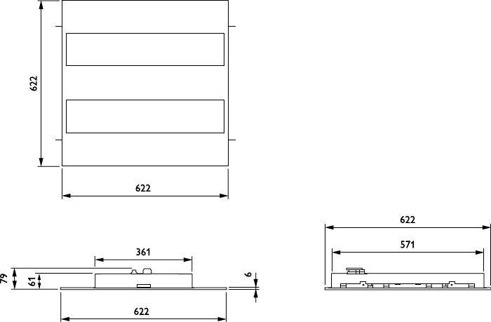 Technische Zeichnung eines rechteckigen Panels mit zwei horizontalen Schlitzen, dargestellt in Vorder-, Seiten- und Endansicht mit Abmessungen von 622 x 622 und Tiefenmessungen.