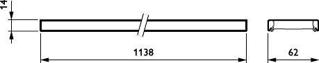 Technische Zeichnung eines langen rechteckigen Stabes, mit Abmessungen von 1138 mm Länge und 62 mm Breite, mit einem zentrierten Bruch, der die Längsverlängerung anzeigt.