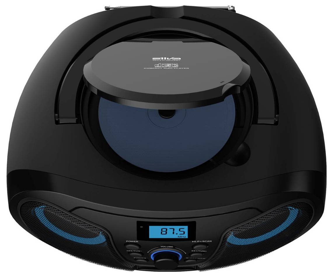 Tragbarer CD-Player im Boombox-Stil in Schwarz mit obenliegendem CD-Deckel, digitales Display an der Vorderseite zeigt 87,5 an, und blaue Lautsprecherakzente.