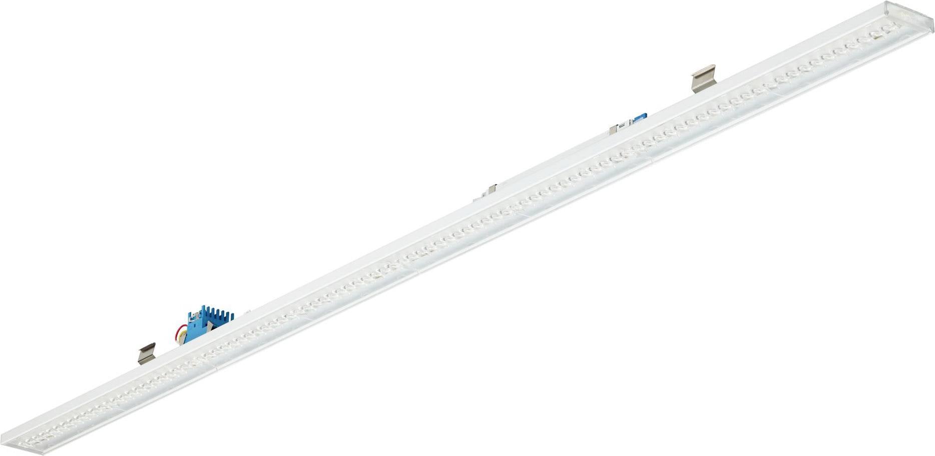 Lange weiße lineare LED-Leuchte diagonal auf weißem Hintergrund dargestellt.