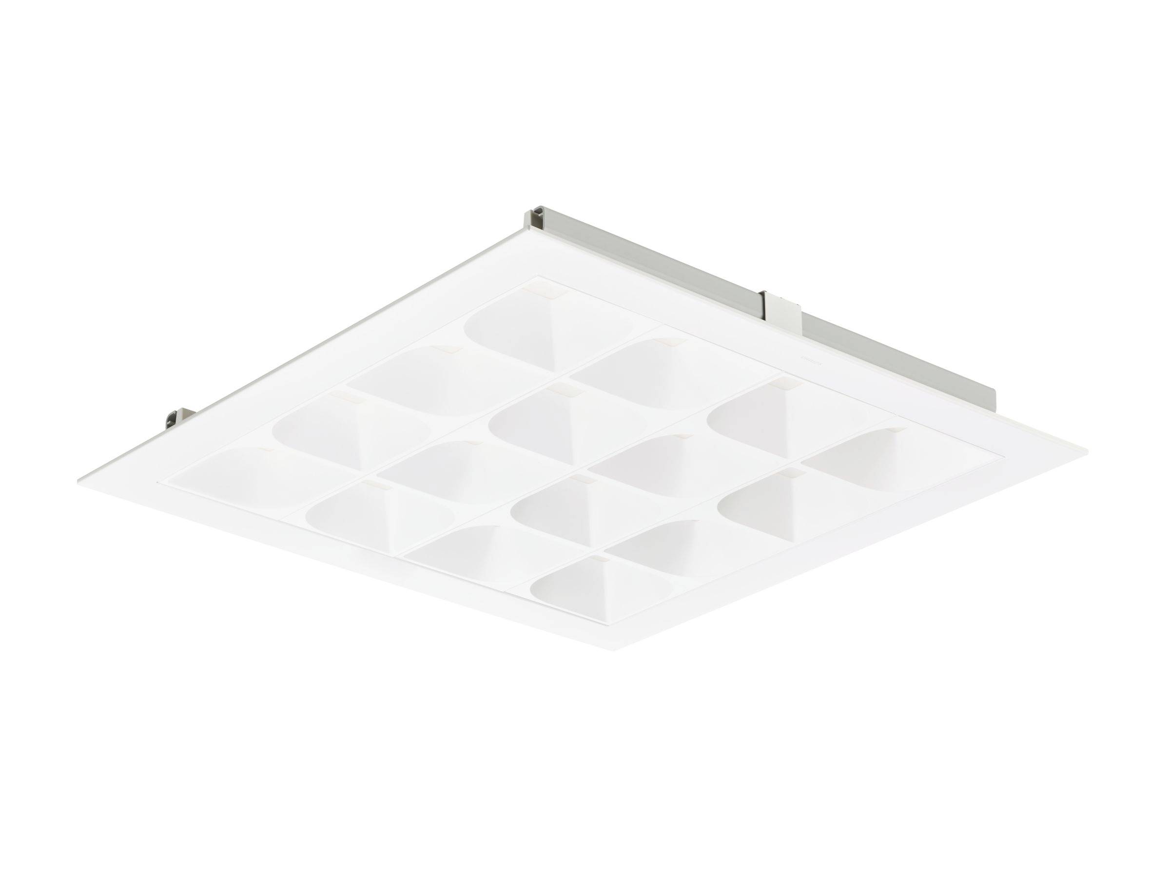 Quadratische weiße, in der Decke eingelassene Leuchte mit einem Gitter aus mattierten Diffusorelementen