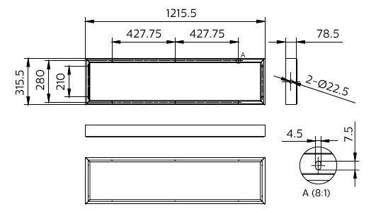 Technische Zeichnung eines rechteckigen Panels mit einer Gesamtgröße von 1215,5 mal 315,5, mit zentrierten Abmessungen von je 427,75 auf jeder Seite, Dicke 78,5, und ein Detail A mit 2-Ø22,5 Löchern und 4,5/7,5 Versätzen.