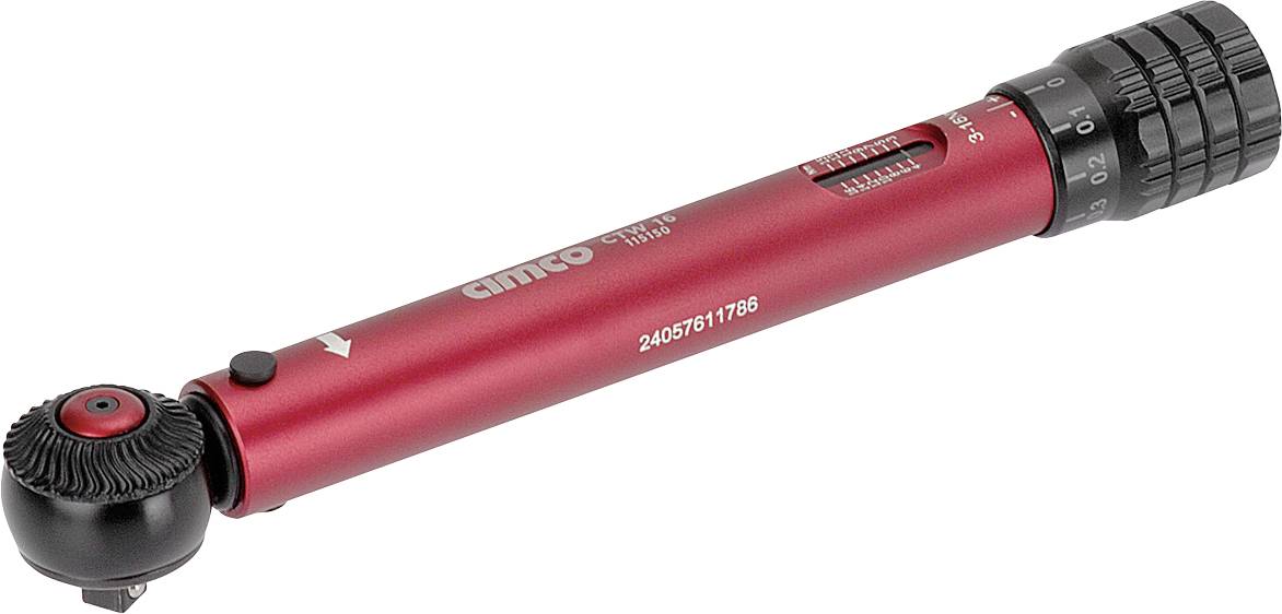 Roter Drehmomentschlüssel mit schwarzem verstellbarem Kopf und gerilltem Griff, gezeigt auf weißem Hintergrund.