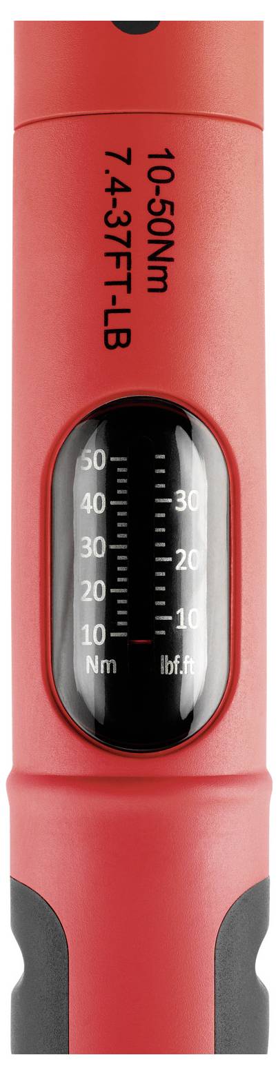 Roter Drehmomentschlüssel mit Sichtfenster-Skala mit Anzeige von 10-50 Nm und 7,4-37 ft-lb.