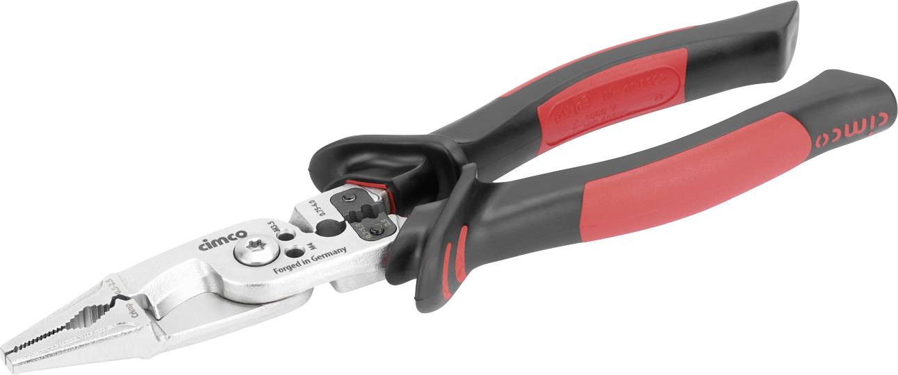 Ein Paar rot-schwarze Elektrikerzangen mit langen, gezahnten Backen, gezeigt auf weißem Hintergrund.