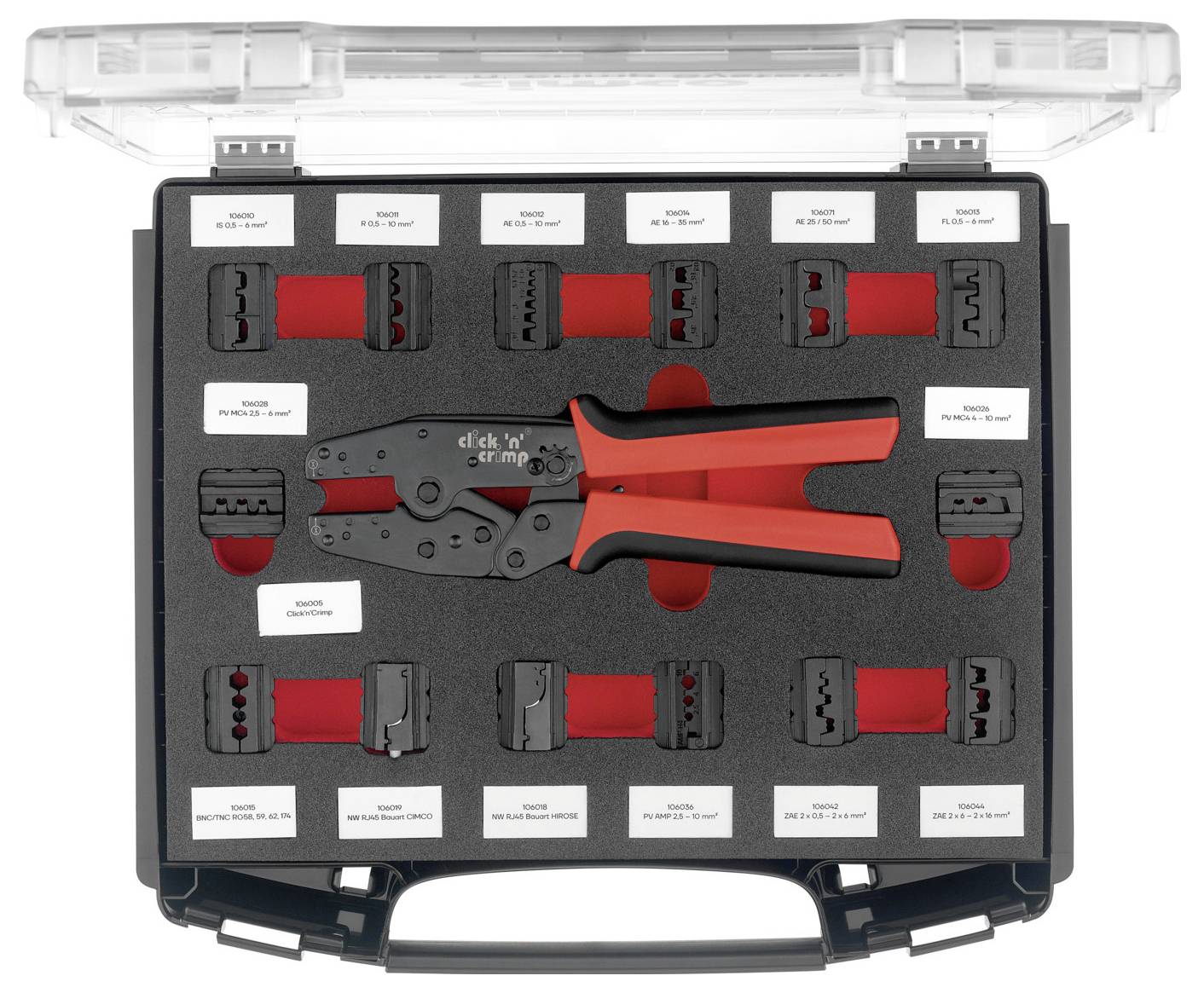 Ein Kunststoff-Transportkoffer mit einer Schaumstoffeinlage, die ein rot-schwarzes Crimpwerkzeug und mehrere austauschbare Matrizen hält, jeweils mit kleinen weißen Etiketten gekennzeichnet.