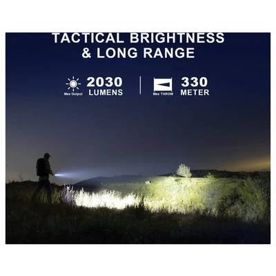Die Anzeige zeigt einen Wanderer, der nachts eine Taschenlampe benutzt und dabei "Tactical Brightness & Long Range" mit 2030 Lumen und einer maximalen Reichweite von 330 Metern hervorhebt.