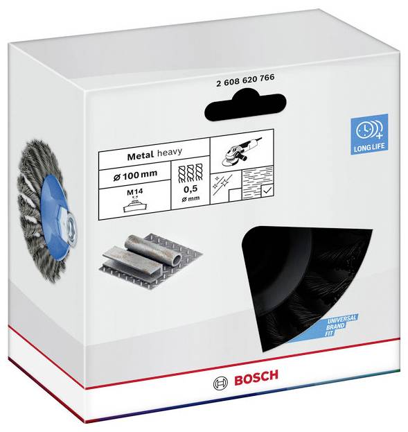 Bosch Drahtbürste in Einzelhandelskarton zur Reinigung von Schwermetallen, gekennzeichnet als „Metal heavy", 100 mm, M14, 0,5 mm, universelle Markenpassform, lange Lebensdauer.