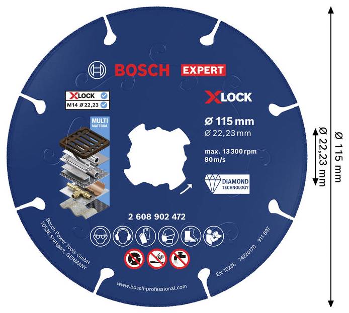 Bosch Expert X-LOCK Diamant-Trennscheibe, 115 mm Durchmesser, für Mehrmaterialverwendung; gekennzeichnet mit max. 13.300 U/min und 80 m/s.