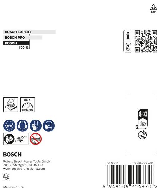 Bosch Elektrowerkzeug-Paketlabel mit Bosch Expert, Bosch Pro und Bosch 100% Branding, Sicherheitssymbolen, QR-Code und Produktbarcode.
