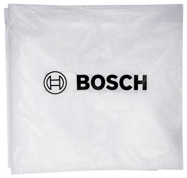 Weiße Bosch-Plastikverpackungstasche mit dem Bosch-Logo und der Wortmarke zentriert auf der Vorderseite.