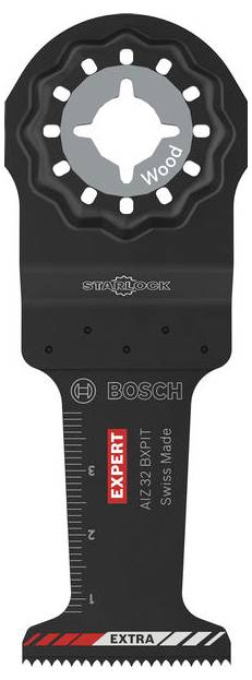 Bosch Starlock Oszillierendes Sägeblatt Zubehör mit der Bezeichnung „EXPERT", „ATZ 32 BPIT" und „EXTRA", mit Linealbeschriftungen für die Tiefe.