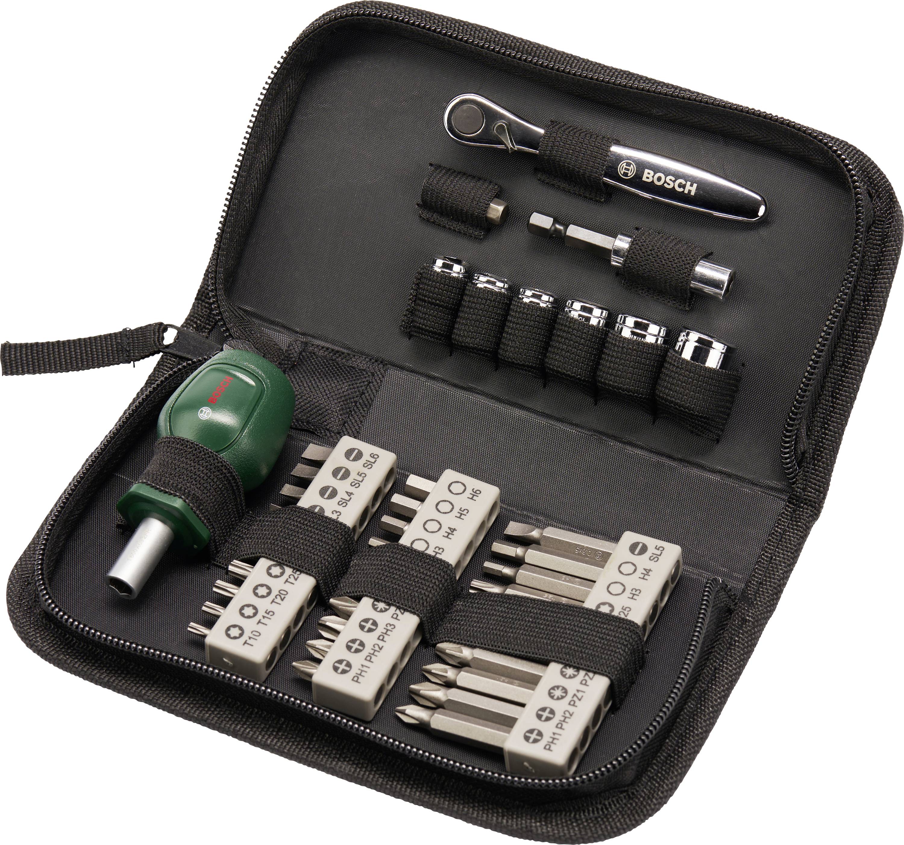 Offenes Reißverschluss-BOSCH-Bit-Set-Etui mit Ratsche, Adapter, Steckschlüsseln und verschiedenen Schraubendreher-Bits in elastischen Haltern.