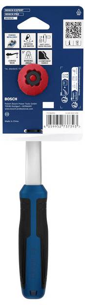 Bosch Expert Phillips-Schraubendreher mit blau-schwarzem Griff und roter Kappe, gezeigt auf seiner Einzelhandelverpackung mit QR-Code und Produktdetails.