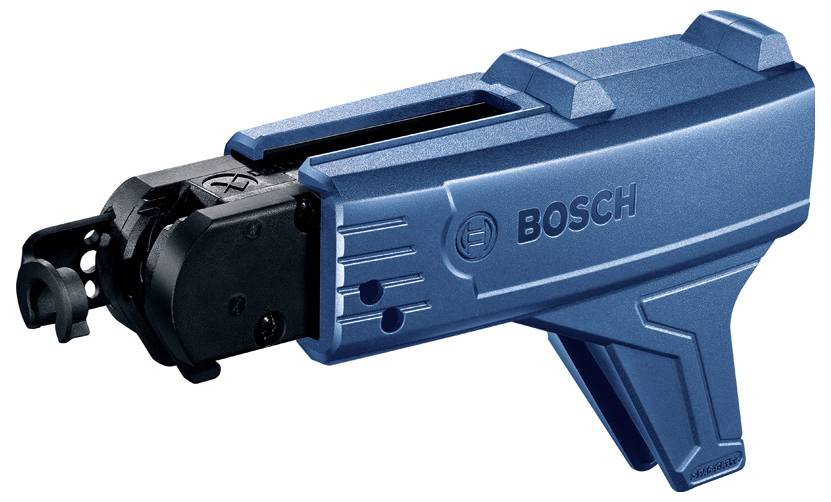 Blaues Bosch-Elektrowerkzeug-Aufsatz in Seitenansicht auf weißem Hintergrund.