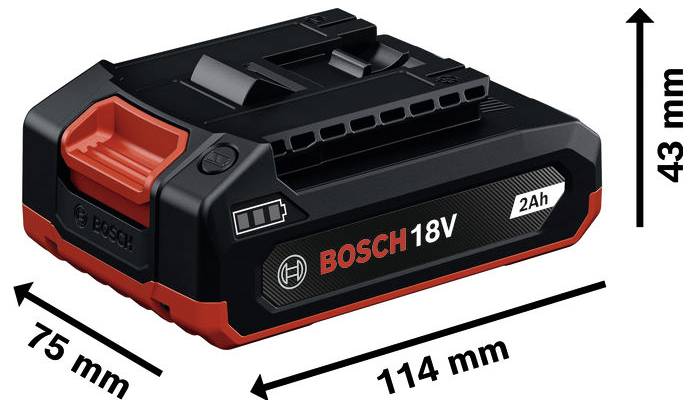 Bosch 18V 2Ah Batteriepack mit Abmessungen von 114 mm Länge, 75 mm Breite und 43 mm Höhe.