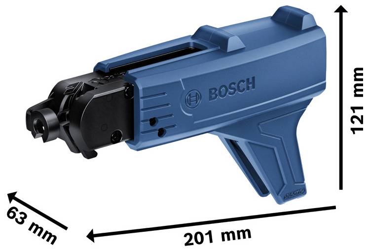 Bosch Handwerkzeug mit Abmessungen: 201 mm lang, 121 mm hoch und 63 mm breit.