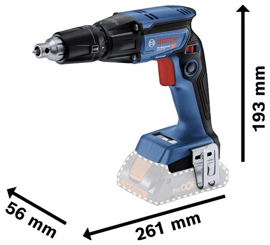 Bosch Akku-Bohrmaschine mit Abmessungen: 261 mm lang, 193 mm hoch und 56 mm breit.